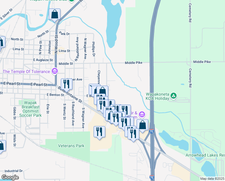 map of restaurants, bars, coffee shops, grocery stores, and more near 218 East Town Drive in Wapakoneta