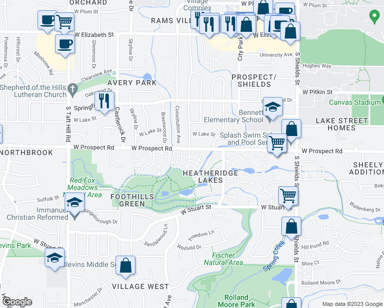 map of restaurants, bars, coffee shops, grocery stores, and more near 1526 Haymarket Street in Fort Collins