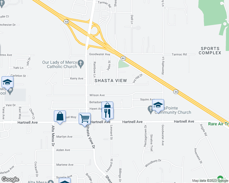 map of restaurants, bars, coffee shops, grocery stores, and more near 2640 Wilson Avenue in Redding