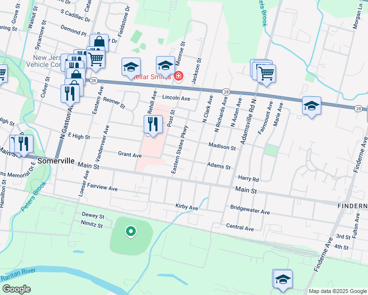 map of restaurants, bars, coffee shops, grocery stores, and more near 27 Madison Street in Somerville