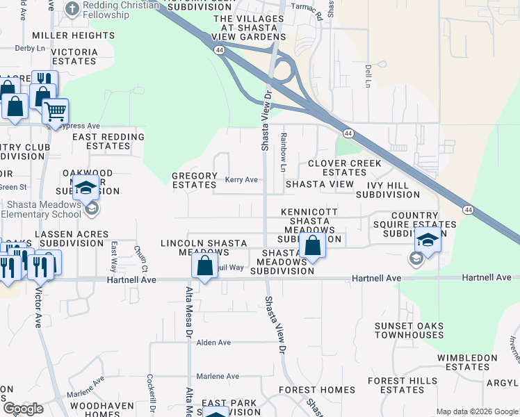 map of restaurants, bars, coffee shops, grocery stores, and more near 2750 Shasta View Drive in Redding