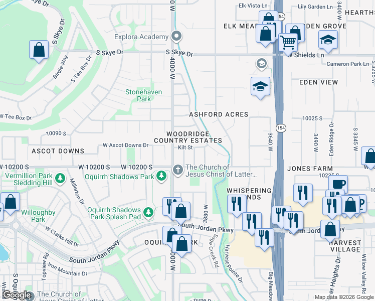 map of restaurants, bars, coffee shops, grocery stores, and more near 3964 Kilt Street in South Jordan