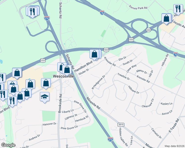 map of restaurants, bars, coffee shops, grocery stores, and more near 4501 North Hedgerow Drive in Allentown
