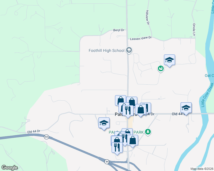 map of restaurants, bars, coffee shops, grocery stores, and more near 21892 Stone Meadows Road in Palo Cedro