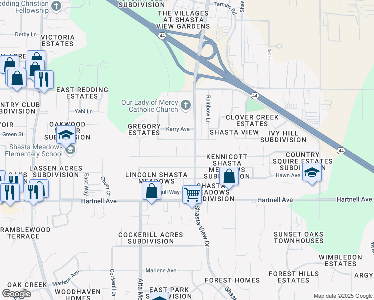 map of restaurants, bars, coffee shops, grocery stores, and more near 2402 Wilson Avenue in Redding