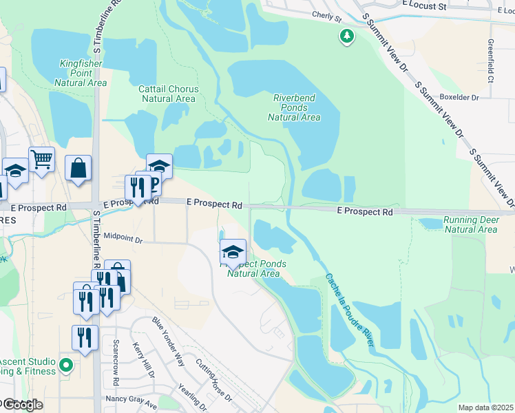 map of restaurants, bars, coffee shops, grocery stores, and more near 2620 East Prospect Road in Fort Collins