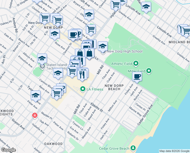 map of restaurants, bars, coffee shops, grocery stores, and more near 17 Windmill Court in Staten Island