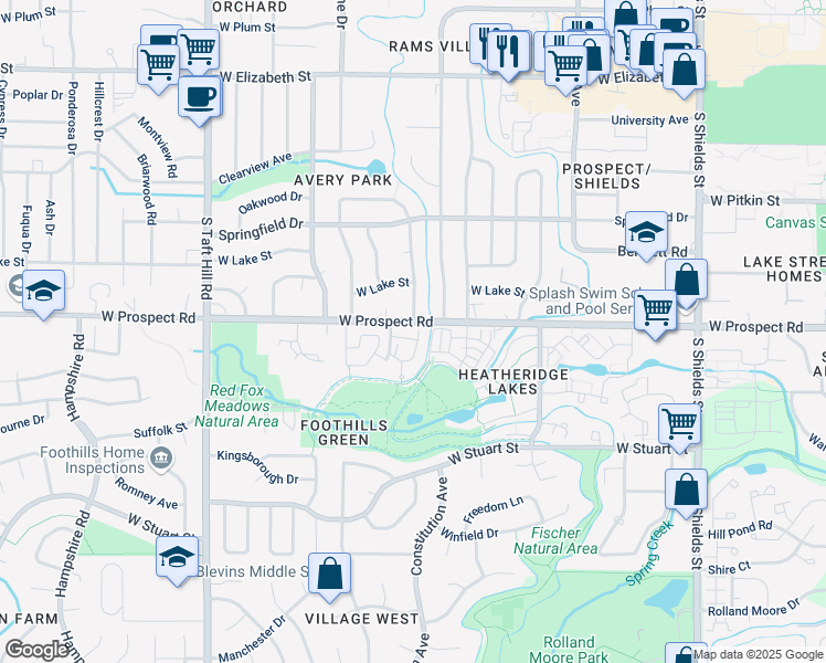 map of restaurants, bars, coffee shops, grocery stores, and more near 1612 West Prospect Road in Fort Collins
