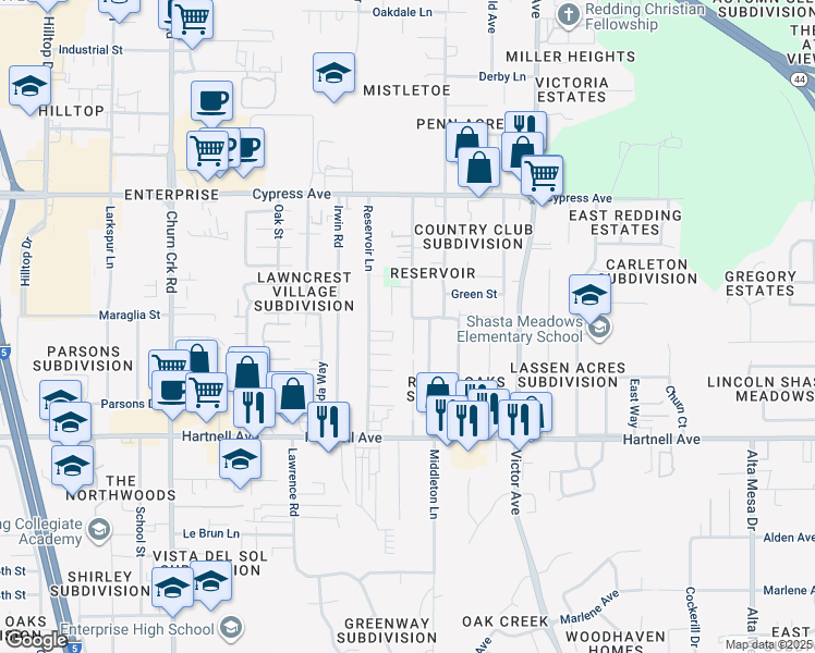 map of restaurants, bars, coffee shops, grocery stores, and more near 2691 Reservoir Lane in Redding