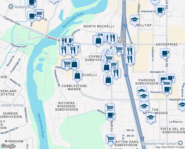 map of restaurants, bars, coffee shops, grocery stores, and more near 370 Beagle Lane in Redding