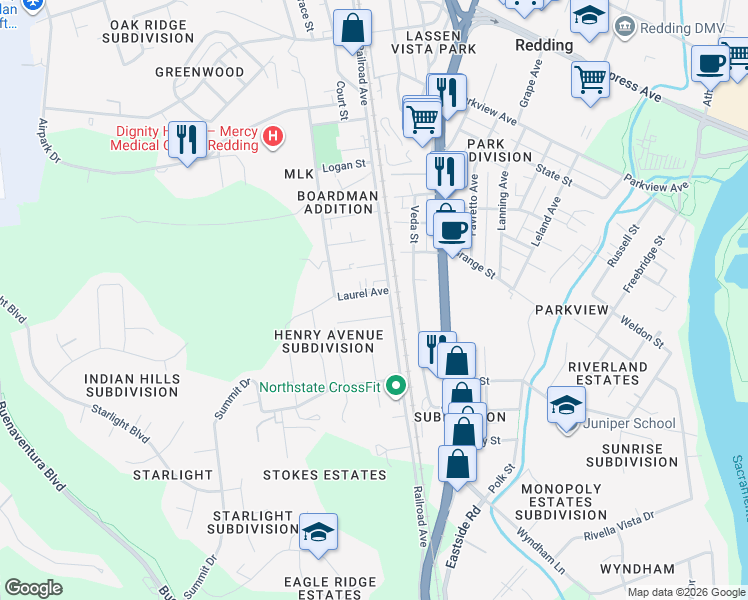map of restaurants, bars, coffee shops, grocery stores, and more near 3120 Railroad Avenue in Redding