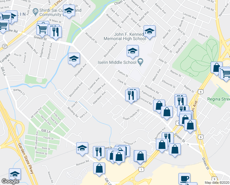 map of restaurants, bars, coffee shops, grocery stores, and more near 897 Green Street in Woodbridge Township