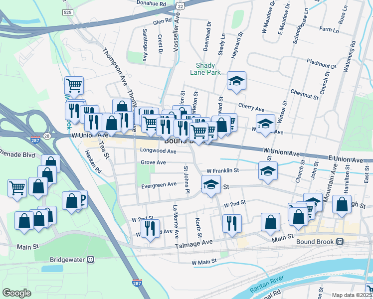 map of restaurants, bars, coffee shops, grocery stores, and more near in Bound Brook