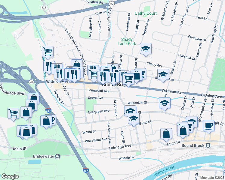 map of restaurants, bars, coffee shops, grocery stores, and more near in Bound Brook