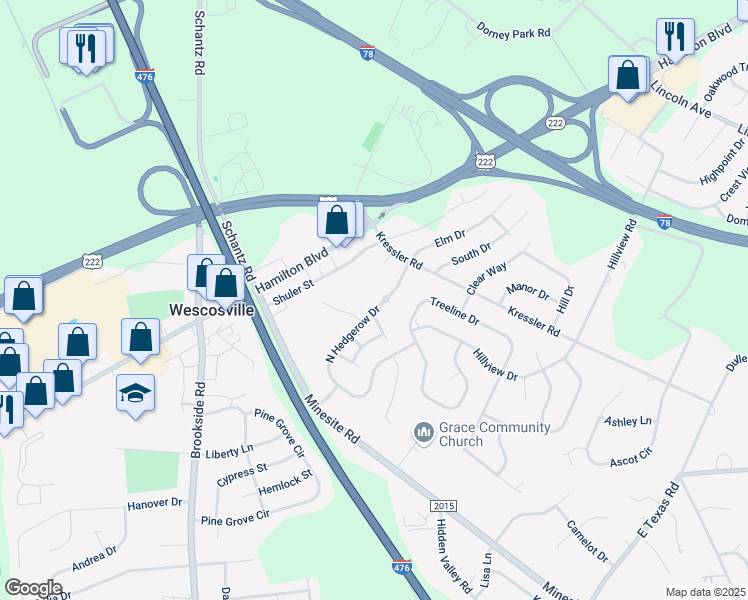 map of restaurants, bars, coffee shops, grocery stores, and more near 4509 North Hedgerow Drive in Allentown