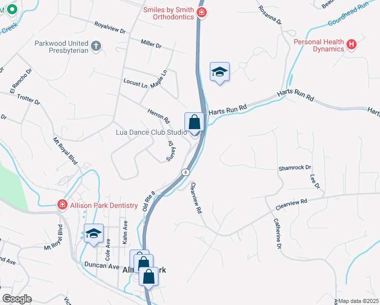 map of restaurants, bars, coffee shops, grocery stores, and more near 4128 Surrey Drive in Hampton Township