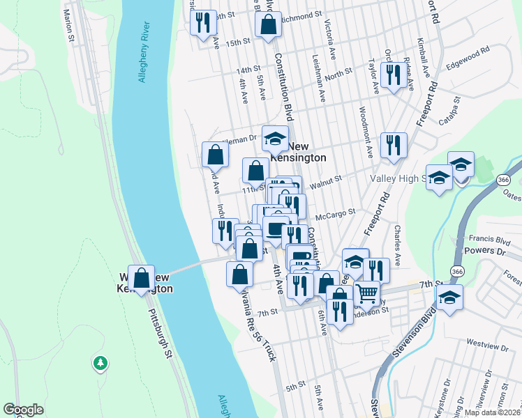map of restaurants, bars, coffee shops, grocery stores, and more near 1015 4th Avenue in New Kensington