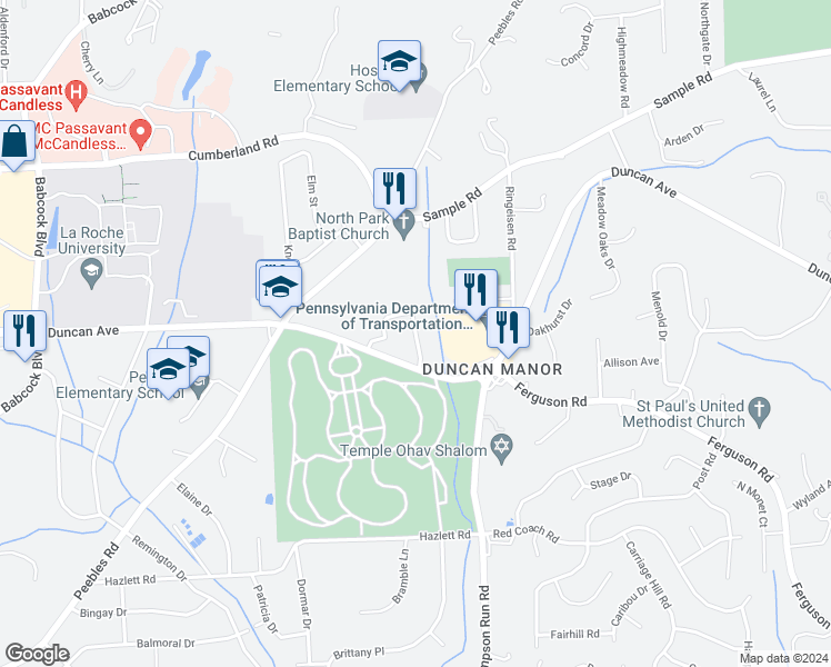 map of restaurants, bars, coffee shops, grocery stores, and more near 8894 Royal Manor Drive in McCandless Township