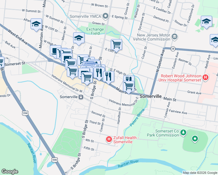 map of restaurants, bars, coffee shops, grocery stores, and more near 58 East Main Street in Somerville