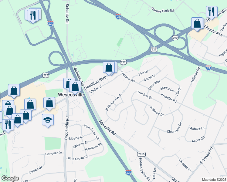 map of restaurants, bars, coffee shops, grocery stores, and more near 4501 North Hedgerow Drive in Allentown