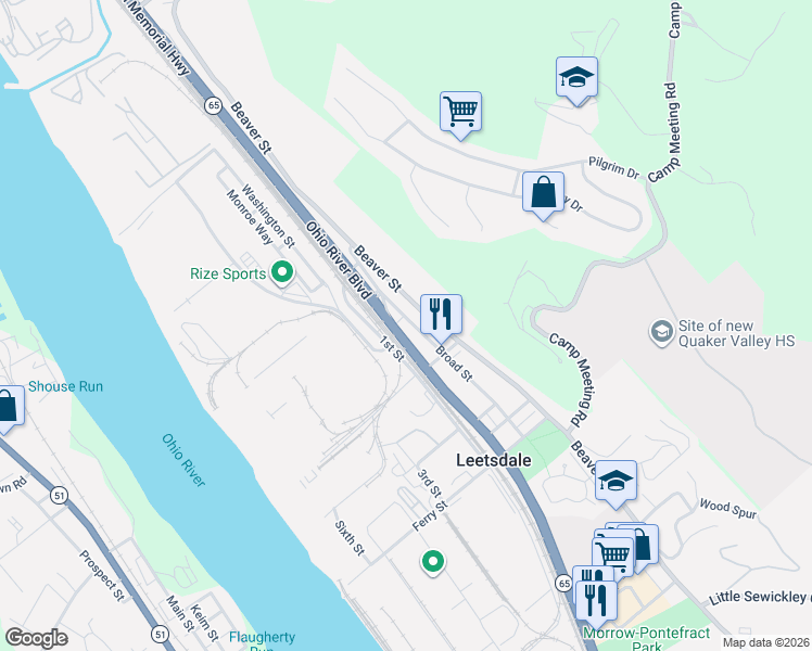 map of restaurants, bars, coffee shops, grocery stores, and more near 1 Ohio River Boulevard in Leetsdale
