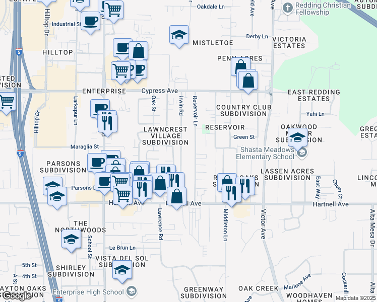 map of restaurants, bars, coffee shops, grocery stores, and more near 2750 Reservoir Lane in Redding