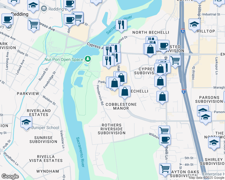 map of restaurants, bars, coffee shops, grocery stores, and more near 224 Hartnell Avenue in Redding