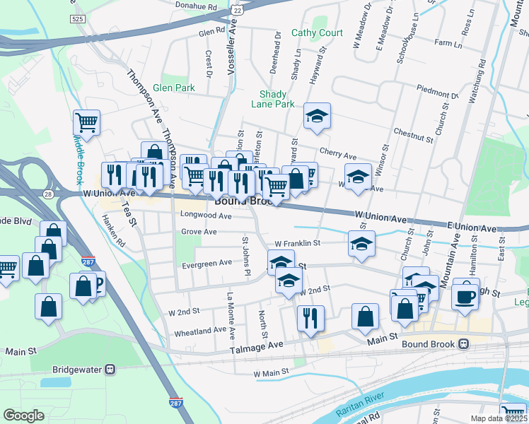 map of restaurants, bars, coffee shops, grocery stores, and more near 310 West Union Avenue in Bound Brook