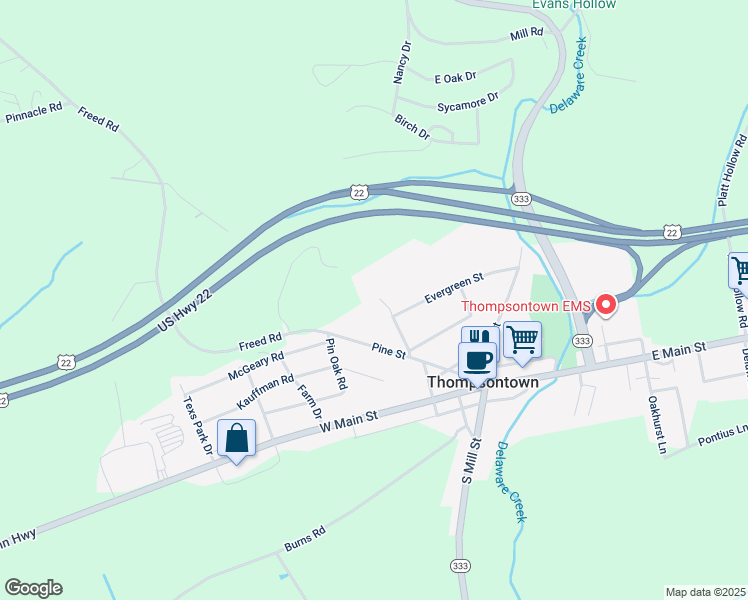 map of restaurants, bars, coffee shops, grocery stores, and more near 127 Ridge Street in Thompsontown