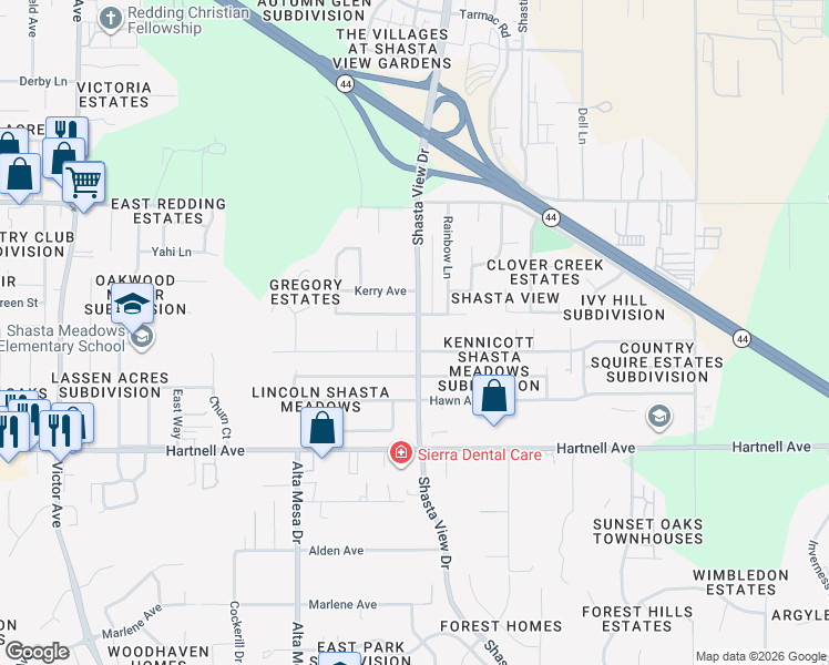 map of restaurants, bars, coffee shops, grocery stores, and more near 2750 Shasta View Drive in Redding