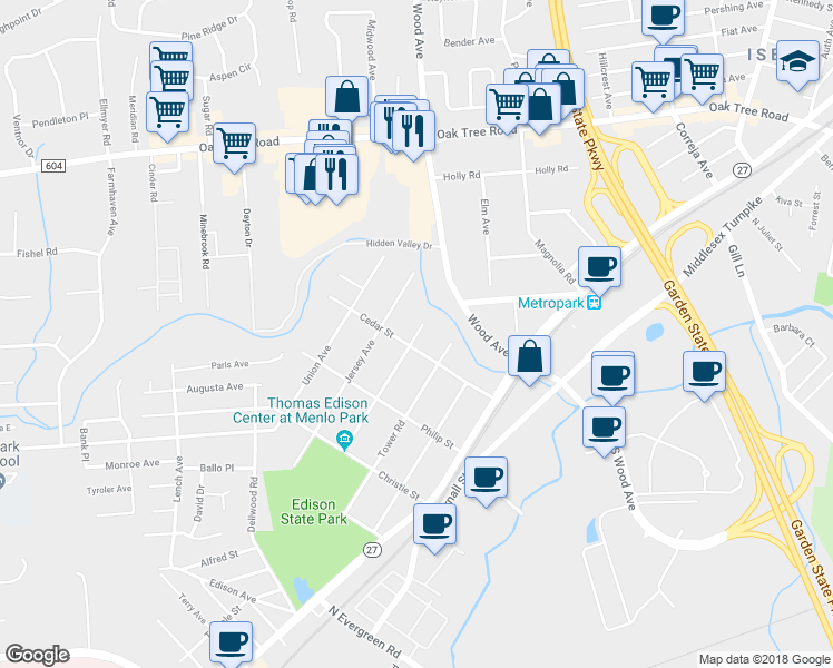 map of restaurants, bars, coffee shops, grocery stores, and more near 15 Middlesex Avenue in Edison