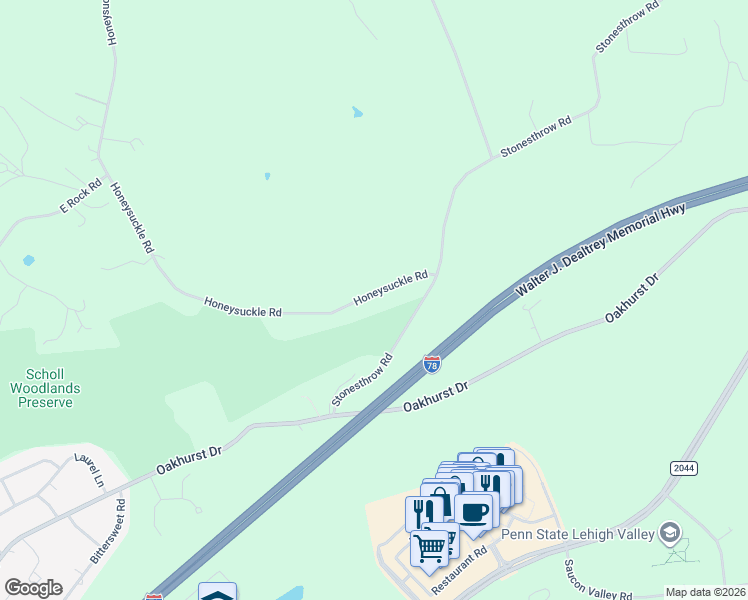 map of restaurants, bars, coffee shops, grocery stores, and more near 3478 Honeysuckle Road in Bethlehem