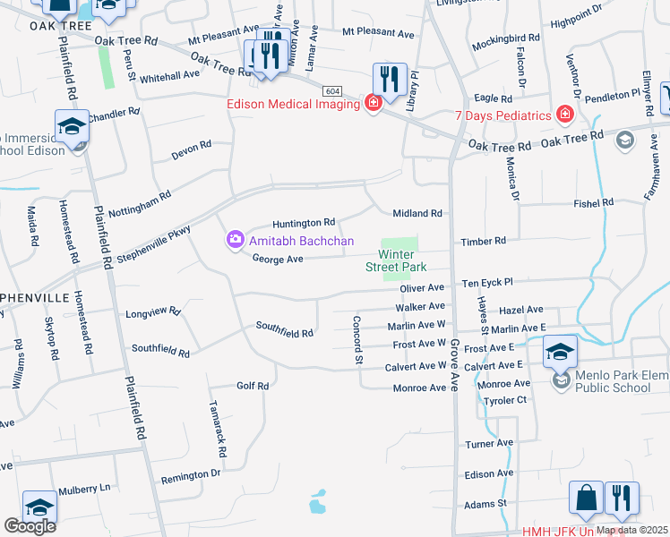 map of restaurants, bars, coffee shops, grocery stores, and more near 93 George Avenue in Edison