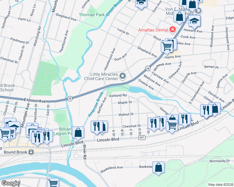 map of restaurants, bars, coffee shops, grocery stores, and more near 217 Ashland Road in Middlesex