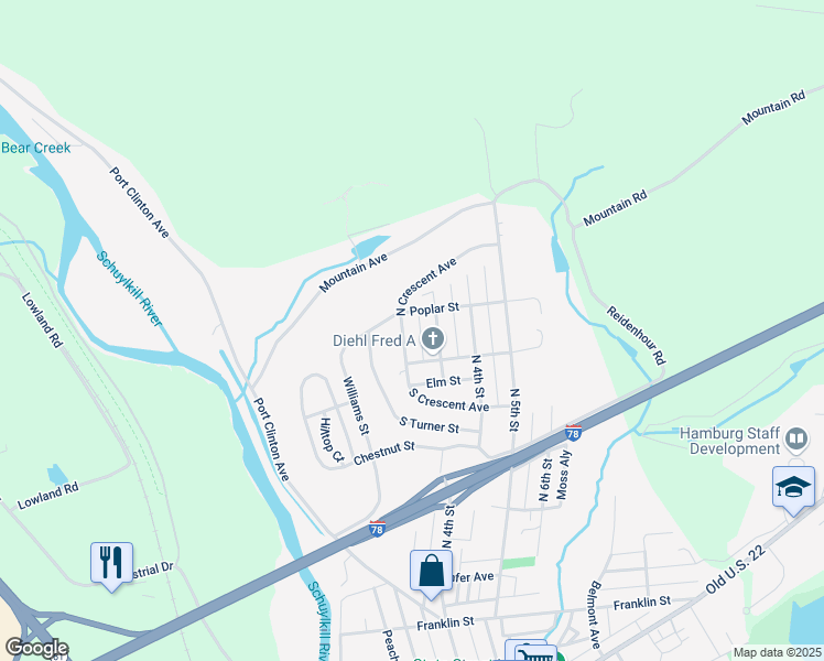 map of restaurants, bars, coffee shops, grocery stores, and more near 713 North Crescent Avenue in Hamburg