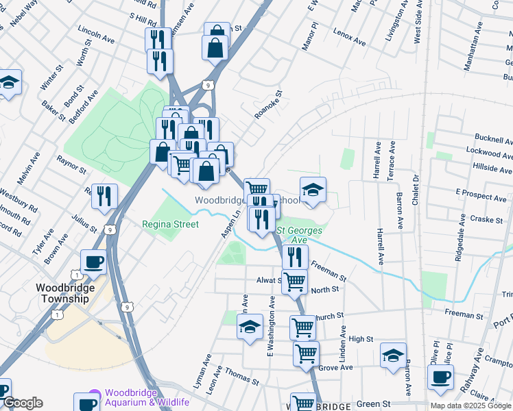 map of restaurants, bars, coffee shops, grocery stores, and more near 767 Saint Georges Avenue in Woodbridge Township