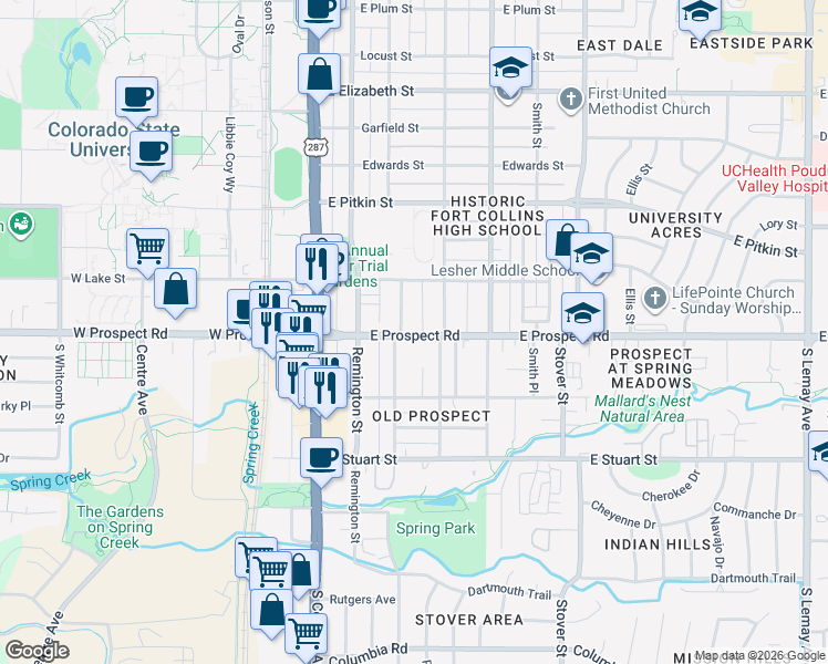 map of restaurants, bars, coffee shops, grocery stores, and more near 1530 Mathews Street in Fort Collins