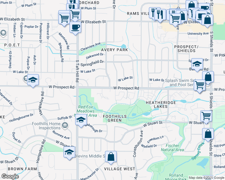 map of restaurants, bars, coffee shops, grocery stores, and more near 1509 Skyline Drive in Fort Collins