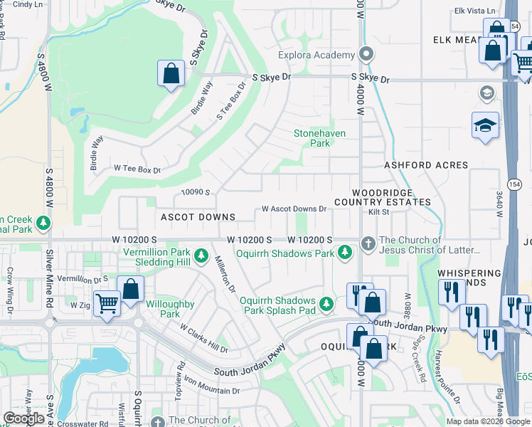 map of restaurants, bars, coffee shops, grocery stores, and more near 4212 Ascot Downs Drive in South Jordan