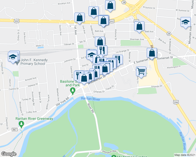 map of restaurants, bars, coffee shops, grocery stores, and more near in Raritan