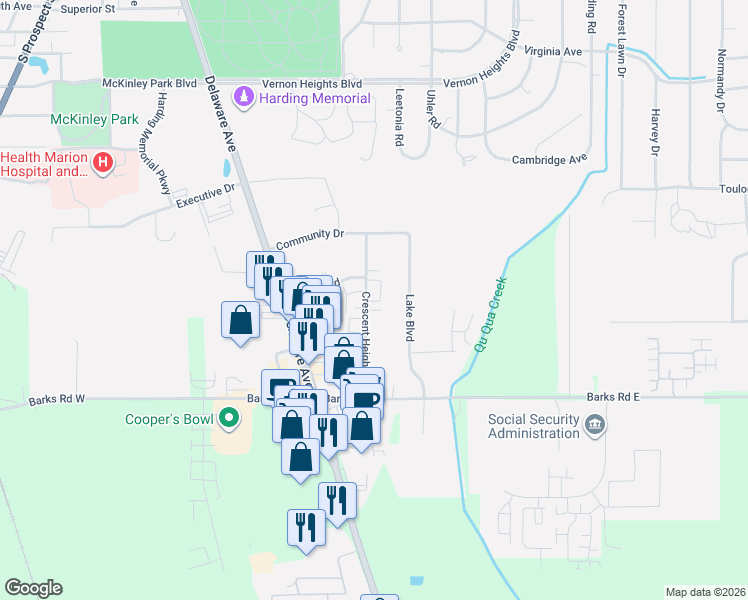 map of restaurants, bars, coffee shops, grocery stores, and more near 1193 Crescent Heights Road in Marion