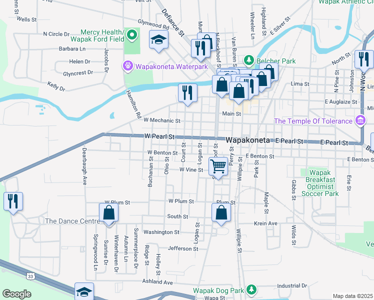 map of restaurants, bars, coffee shops, grocery stores, and more near 402 West Benton Street in Wapakoneta