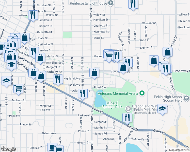map of restaurants, bars, coffee shops, grocery stores, and more near 1400 Broadway Street in Pekin