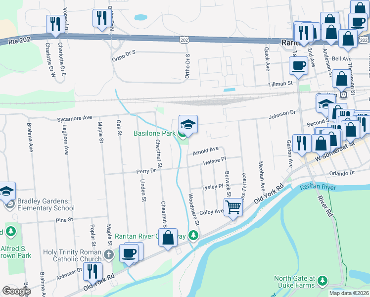 map of restaurants, bars, coffee shops, grocery stores, and more near 255 Woodmere Street in Raritan