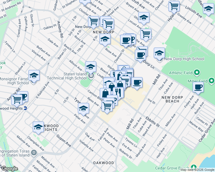 map of restaurants, bars, coffee shops, grocery stores, and more near 199 Allison Avenue in Staten Island