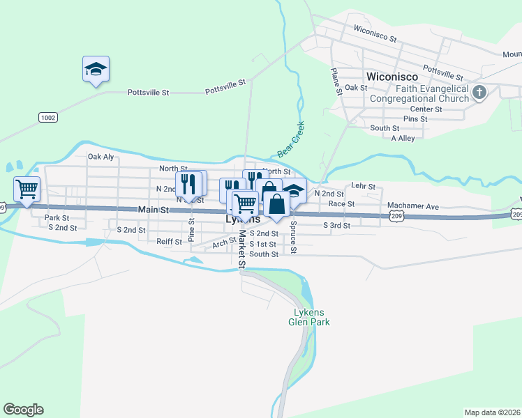map of restaurants, bars, coffee shops, grocery stores, and more near 627 Main Street in Lykens