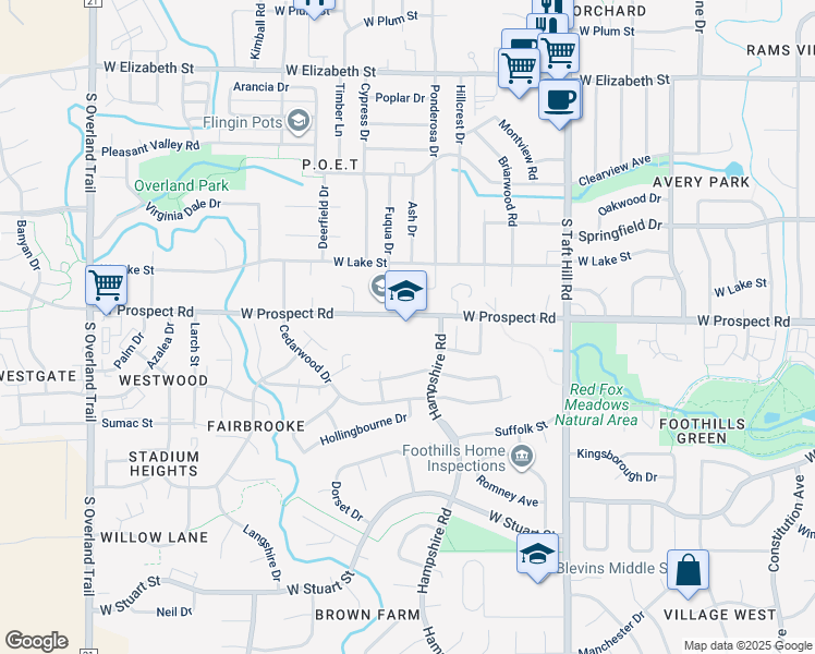 map of restaurants, bars, coffee shops, grocery stores, and more near 2345 West Prospect Road in Fort Collins