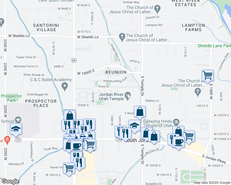 map of restaurants, bars, coffee shops, grocery stores, and more near 1458 West Cornerstone Drive in South Jordan