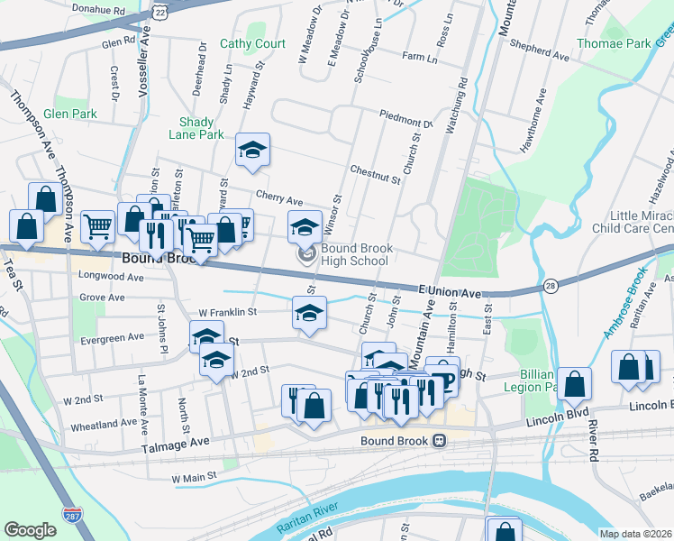 map of restaurants, bars, coffee shops, grocery stores, and more near 35 West Union Avenue in Bound Brook