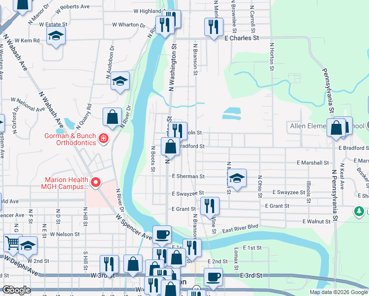 map of restaurants, bars, coffee shops, grocery stores, and more near 503 North Adams Street in Marion